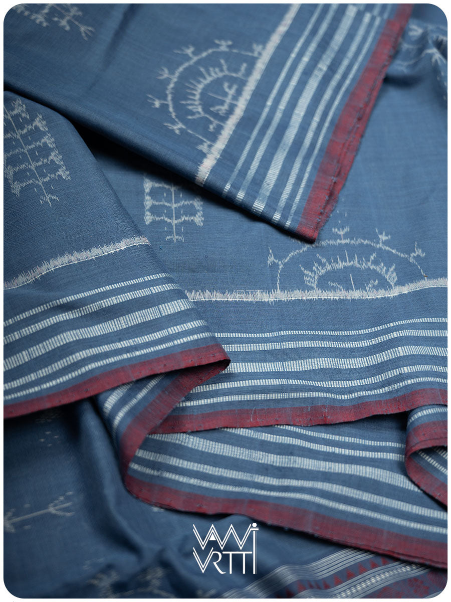 Light Indigo Gondhana Chakra Natural Dyed Cotton Ikat Saree