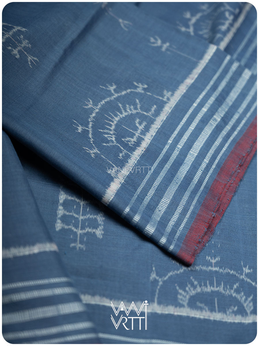 Light Indigo Gondhana Chakra Natural Dyed Cotton Ikat Saree