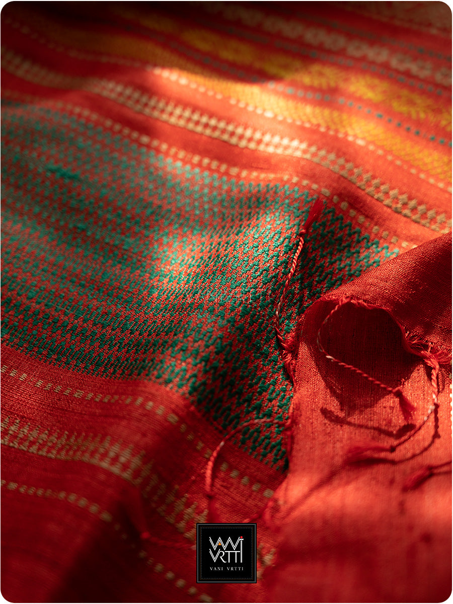 Black Red Orange Ganga Jamuna Ananta Handspun Tussar Silk Saree