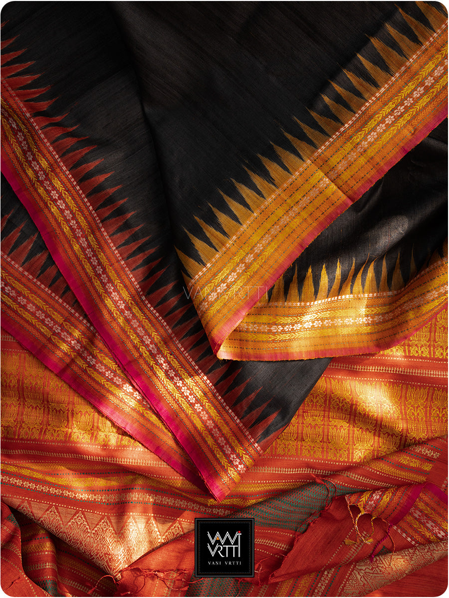Black Red Orange Ganga Jamuna Ananta Handspun Tussar Silk Saree