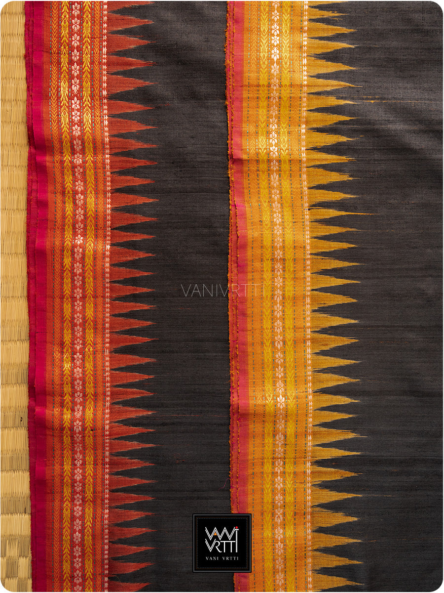 Black Red Orange Ganga Jamuna Ananta Handspun Tussar Silk Saree