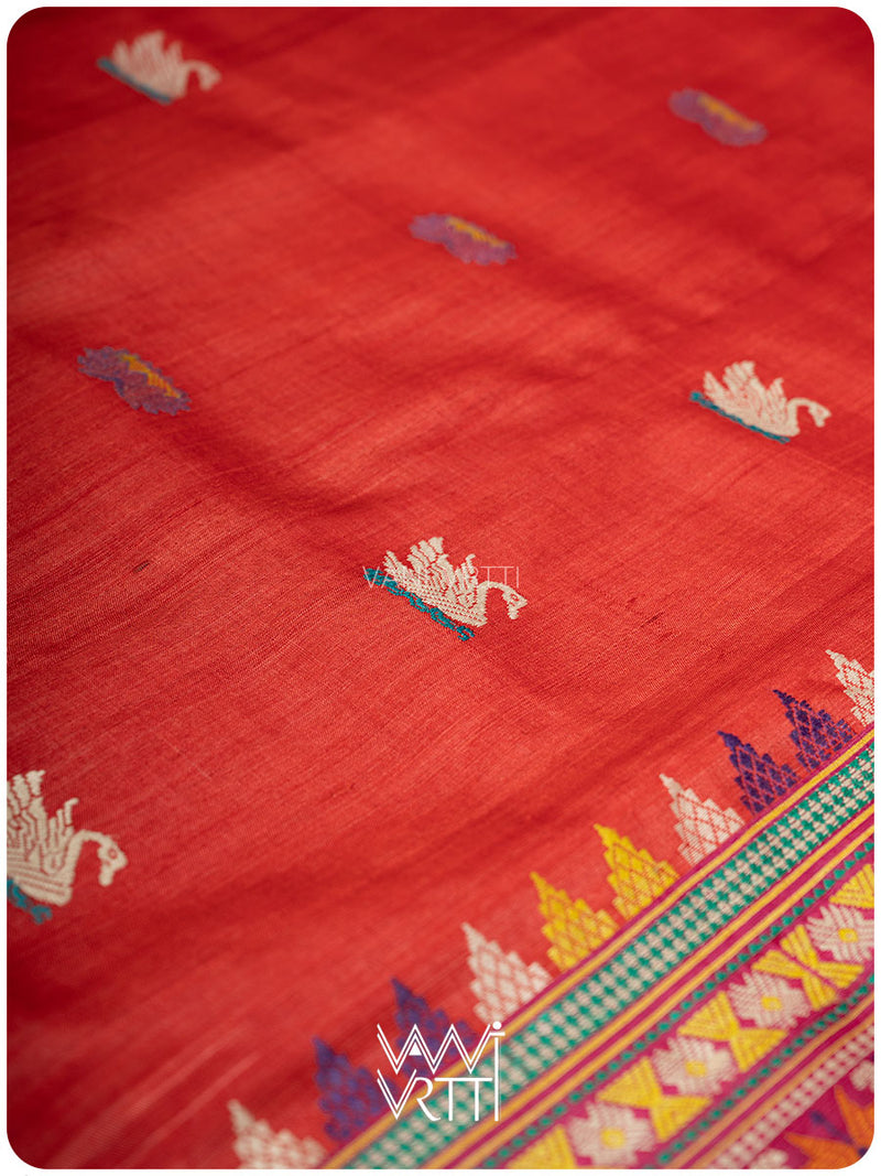 Tomato Red Magenta Veena Pani Lata Master Weave Exclusive Handspun Tussar Silk Saree