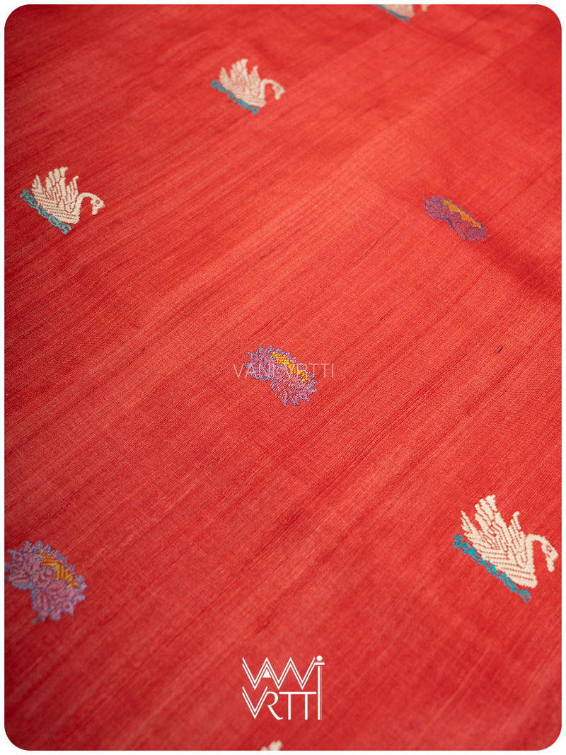 Tomato Red Magenta Veena Pani Lata Master Weave Exclusive Handspun Tussar Silk Saree