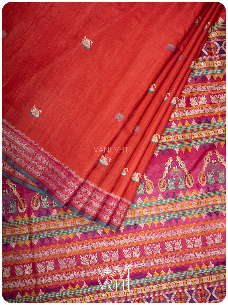 Tomato Red Magenta Veena Pani Lata Master Weave Exclusive Handspun Tussar Silk Saree