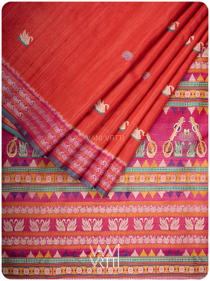 Tomato Red Magenta Veena Pani Lata Master Weave Exclusive Handspun Tussar Silk Saree