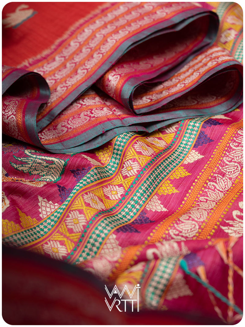 Tomato Red Magenta Veena Pani Lata Master Weave Exclusive Handspun Tussar Silk Saree