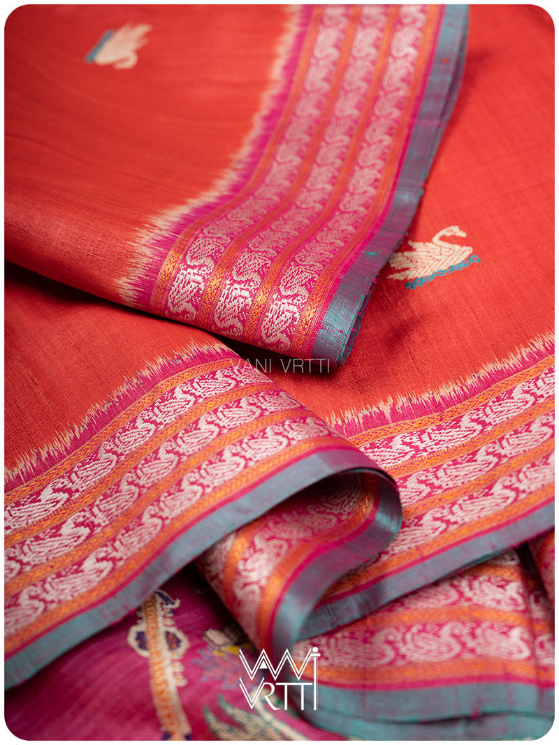Tomato Red Magenta Veena Pani Lata Master Weave Exclusive Handspun Tussar Silk Saree