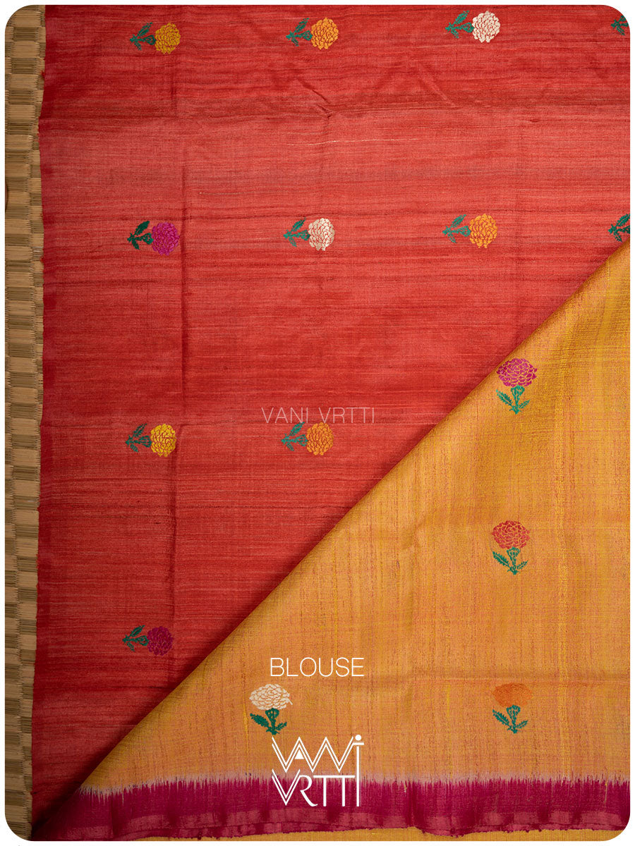 Mustard Yellow Pink Red Ganga Jamuna Marigold Wild Garden Master Weave Exclusive Handspun Tussar Silk Saree