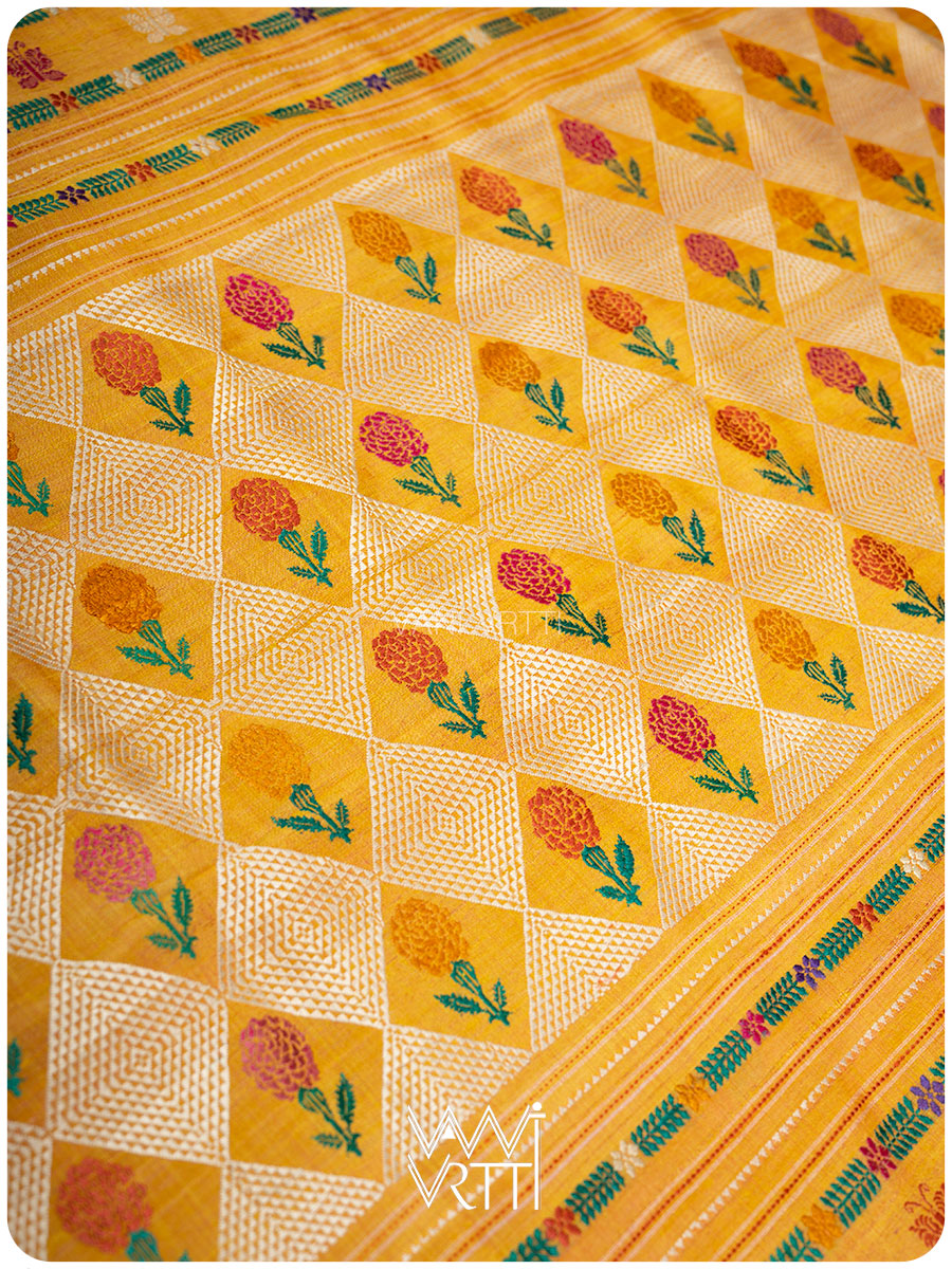 Mustard Yellow Pink Red Ganga Jamuna Marigold Wild Garden Master Weave Exclusive Handspun Tussar Silk Saree