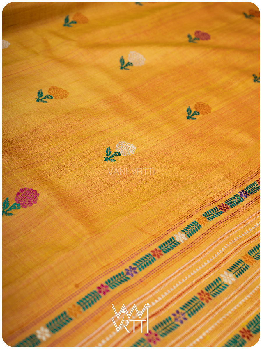 Mustard Yellow Pink Red Ganga Jamuna Marigold Wild Garden Master Weave Exclusive Handspun Tussar Silk Saree