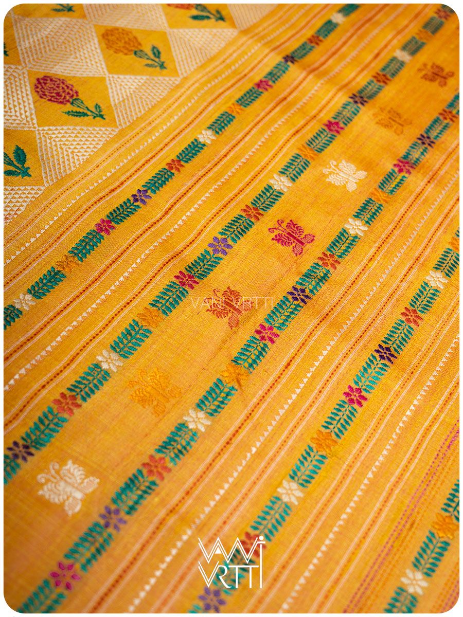 Mustard Yellow Pink Red Ganga Jamuna Marigold Wild Garden Master Weave Exclusive Handspun Tussar Silk Saree