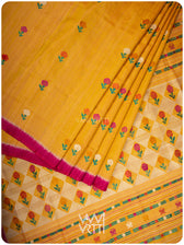 Mustard Yellow Pink Red Ganga Jamuna Marigold Wild Garden Master Weave Exclusive Handspun Tussar Silk Saree