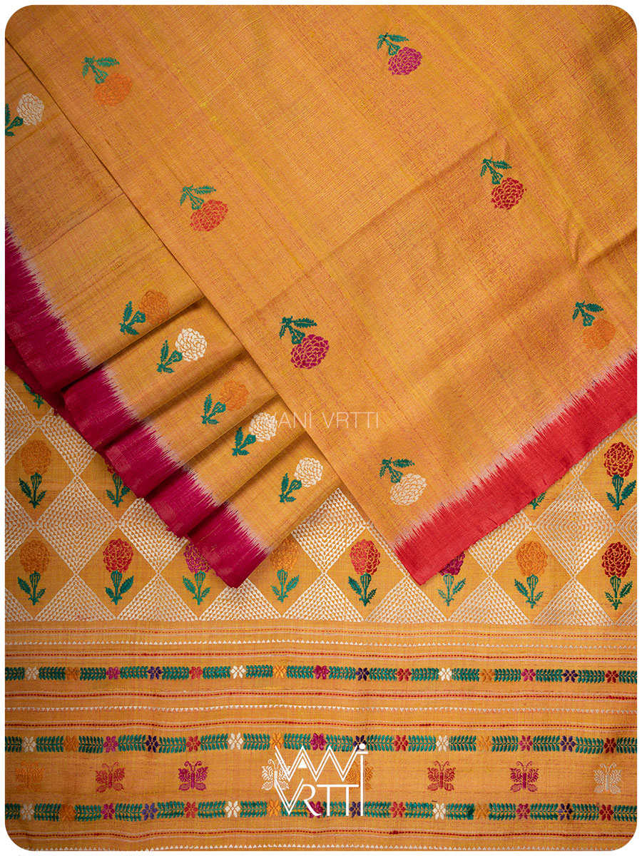 Mustard Yellow Pink Red Ganga Jamuna Marigold Wild Garden Master Weave Exclusive Handspun Tussar Silk Saree