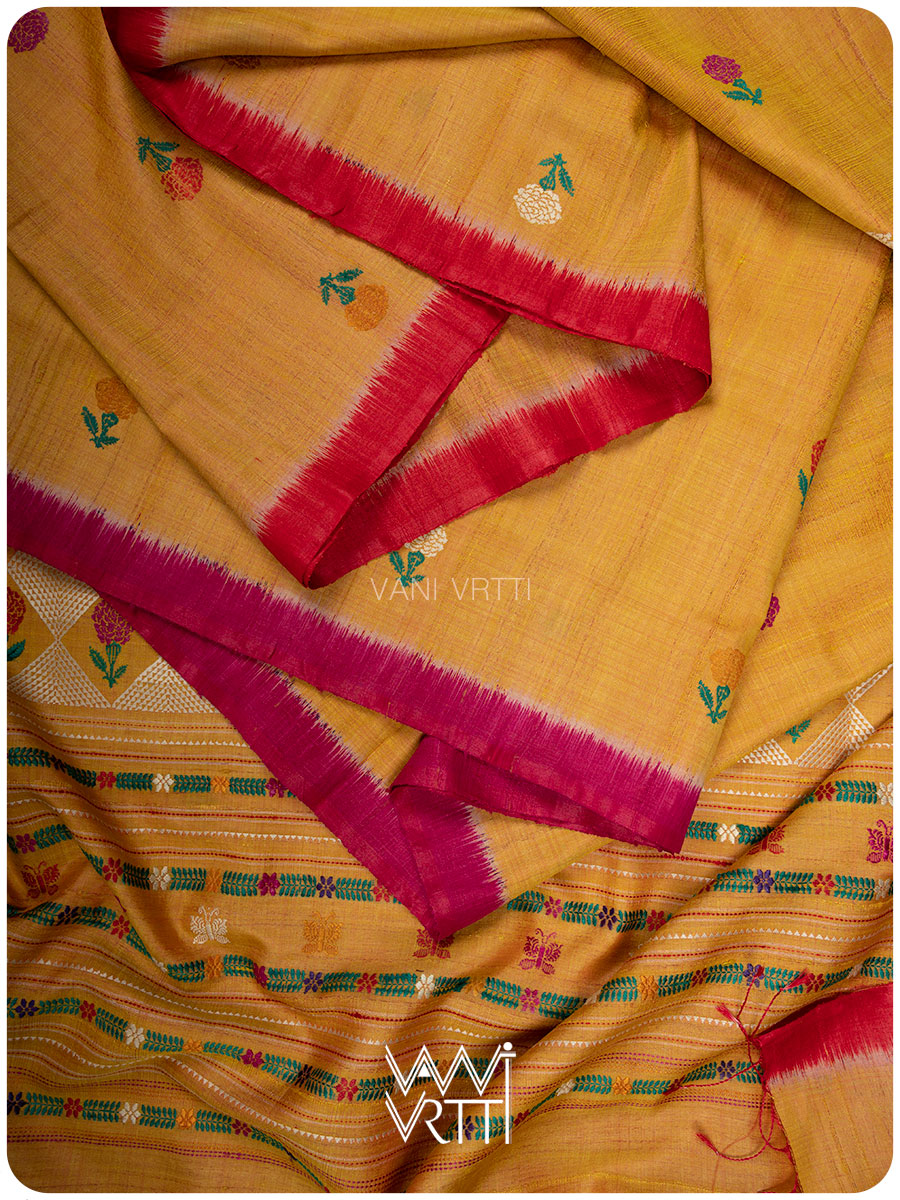 Mustard Yellow Pink Red Ganga Jamuna Marigold Wild Garden Master Weave Exclusive Handspun Tussar Silk Saree