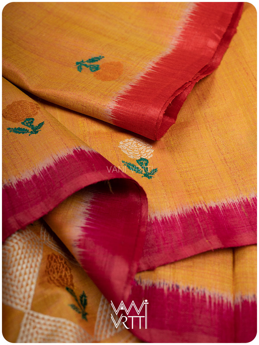 Mustard Yellow Pink Red Ganga Jamuna Marigold Wild Garden Master Weave Exclusive Handspun Tussar Silk Saree