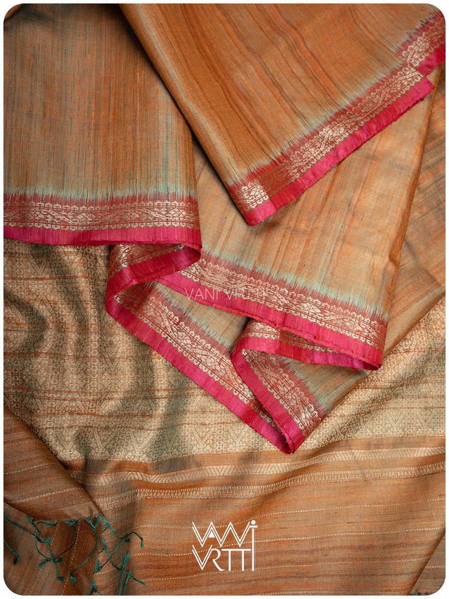 Rust Orange Madhumalati Handspun Tussar Silk Saree