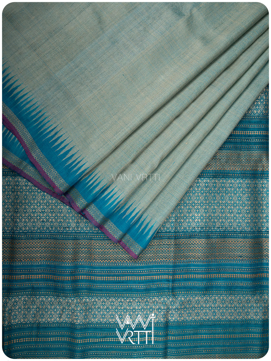 Ash Grey Firozi Nabh Handspun Tussar Silk Saree