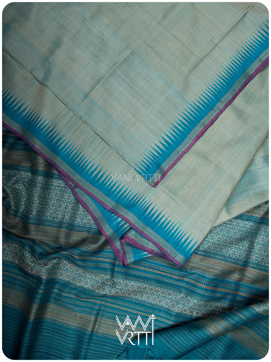 Ash Grey Firozi Nabh Handspun Tussar Silk Saree