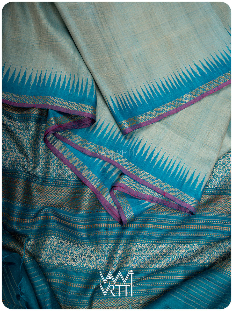 Ash Grey Firozi Nabh Handspun Tussar Silk Saree