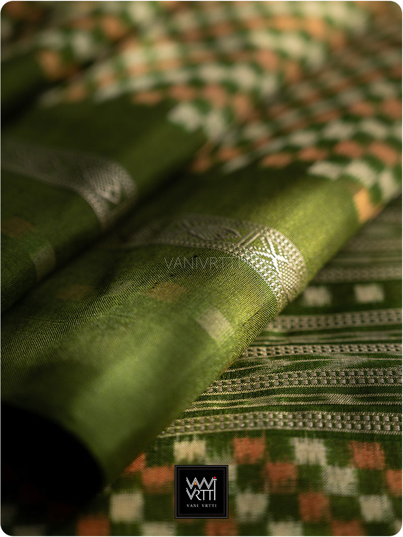 Mehendi Green Saktapar Bandha Double Ikat Master Weave Sambalpuri Mulberry Silk Saree