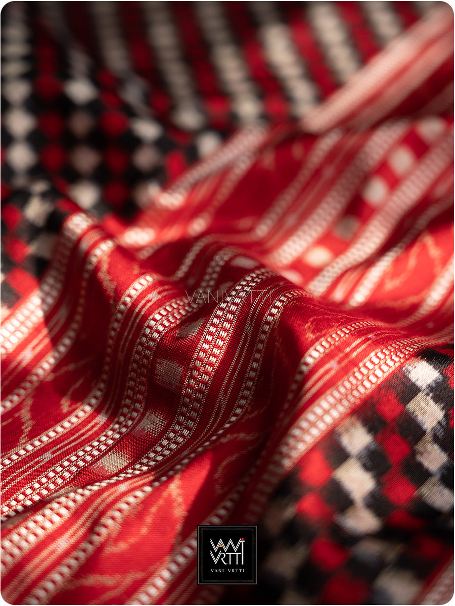 Black Red Saktapar Bandha Double Ikat Master Weave Sambalpuri Mulberry Silk Saree