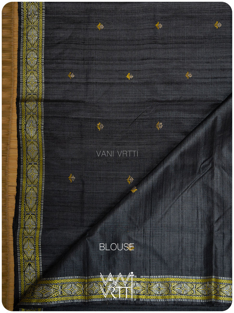 Slate Black Brahma Kamal Master Weave Exclusive Handspun Tussar Silk Saree