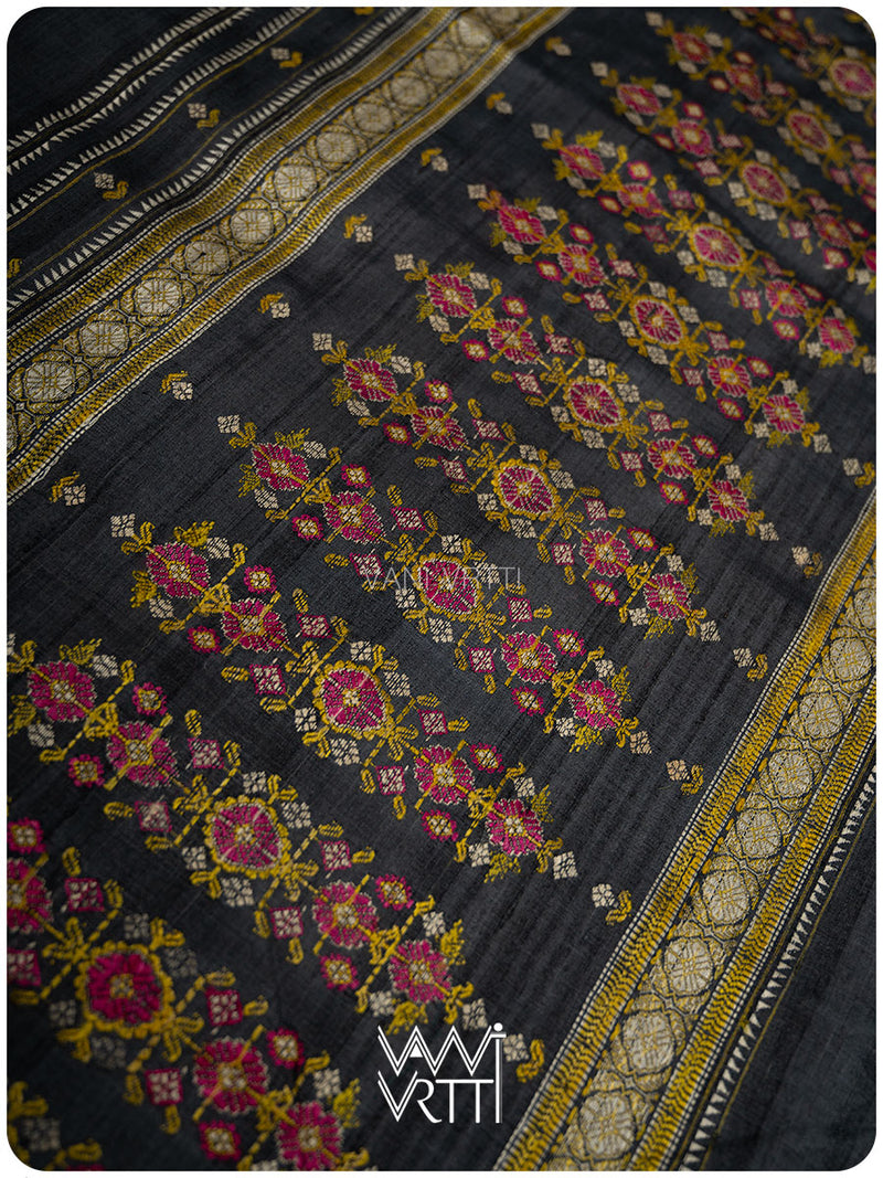 Slate Black Brahma Kamal Master Weave Exclusive Handspun Tussar Silk Saree