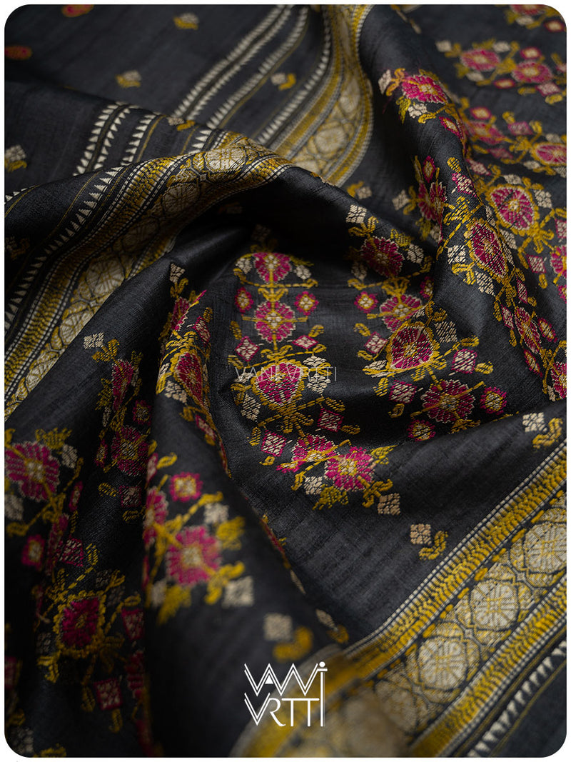 Slate Black Brahma Kamal Master Weave Exclusive Handspun Tussar Silk Saree