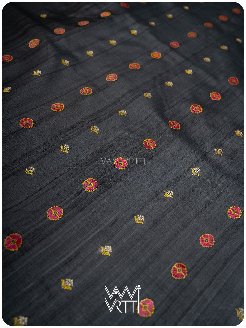 Slate Black Brahma Kamal Master Weave Exclusive Handspun Tussar Silk Saree