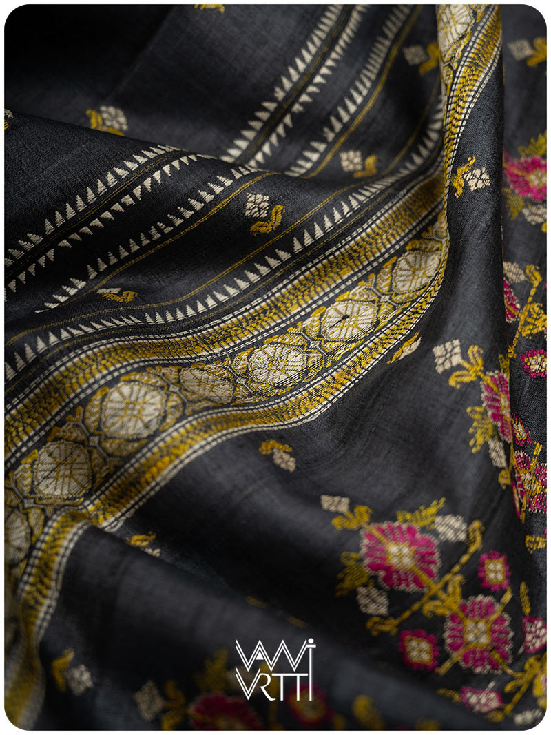 Slate Black Brahma Kamal Master Weave Exclusive Handspun Tussar Silk Saree