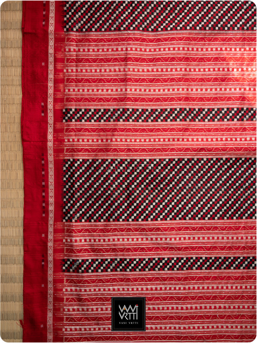 Black Red Saktapar Bandha Double Ikat Master Weave Sambalpuri Mulberry Silk Saree