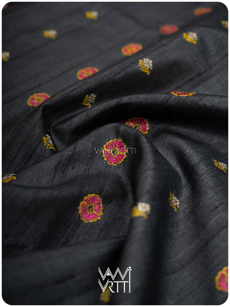 Slate Black Brahma Kamal Master Weave Exclusive Handspun Tussar Silk Saree