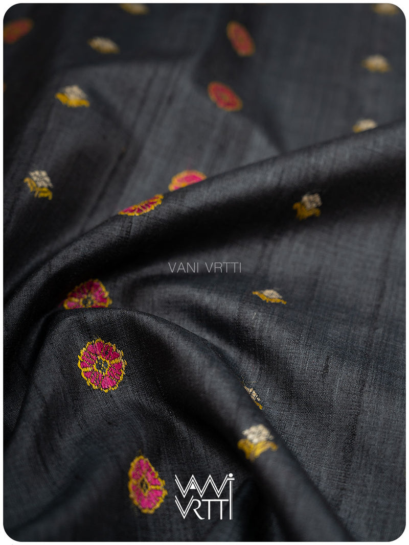 Slate Black Brahma Kamal Master Weave Exclusive Handspun Tussar Silk Saree