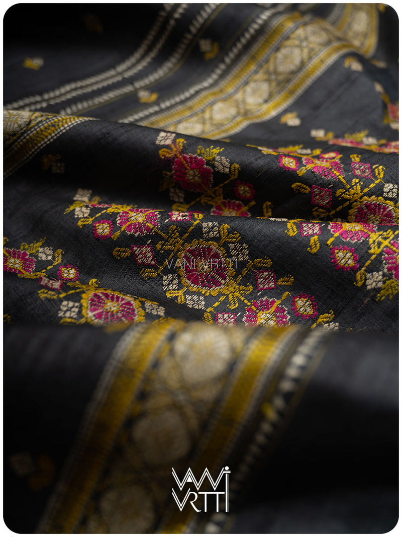 Slate Black Brahma Kamal Master Weave Exclusive Handspun Tussar Silk Saree