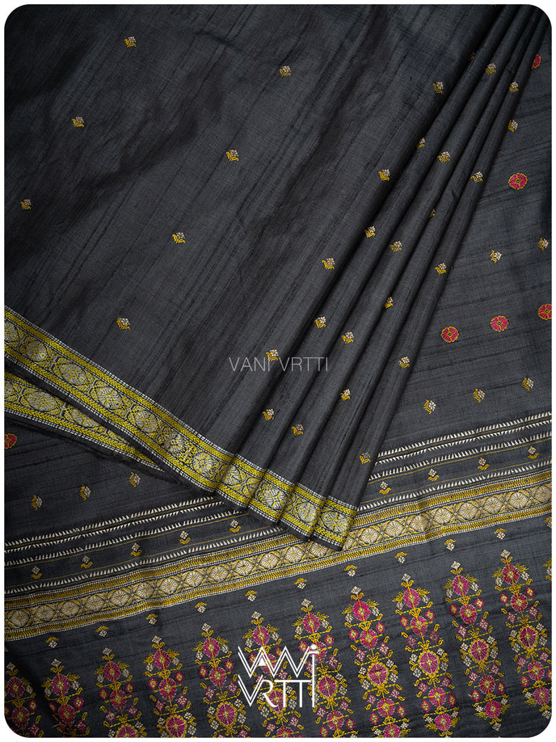 Slate Black Brahma Kamal Master Weave Exclusive Handspun Tussar Silk Saree