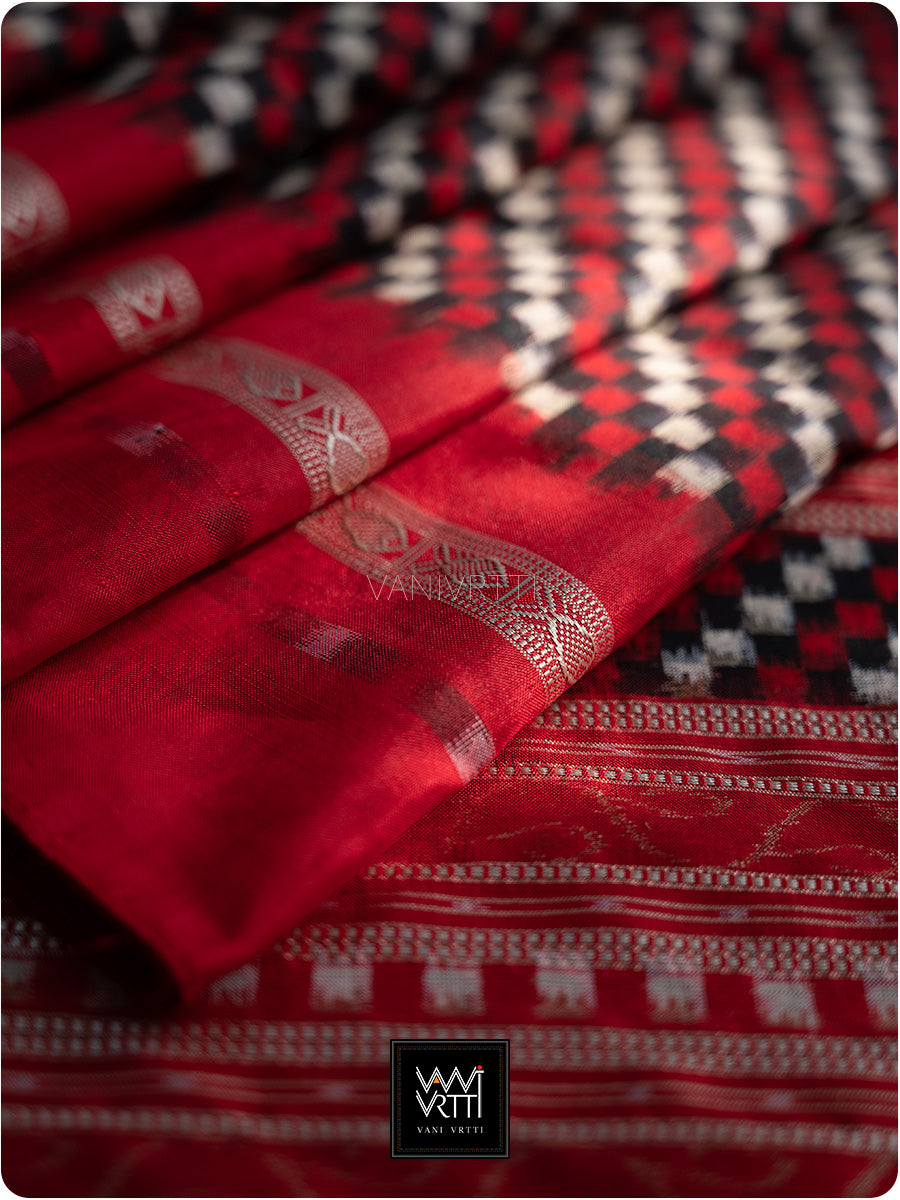 Black Red Saktapar Bandha Double Ikat Master Weave Sambalpuri Mulberry Silk Saree