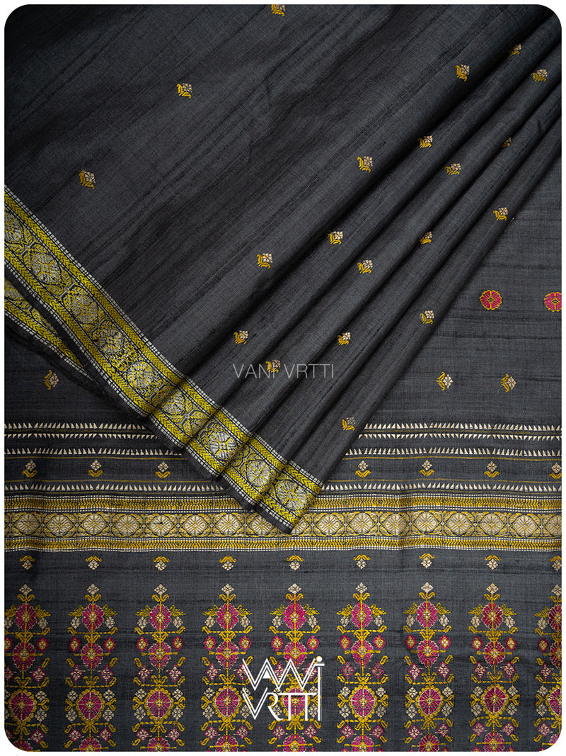 Slate Black Brahma Kamal Master Weave Exclusive Handspun Tussar Silk Saree