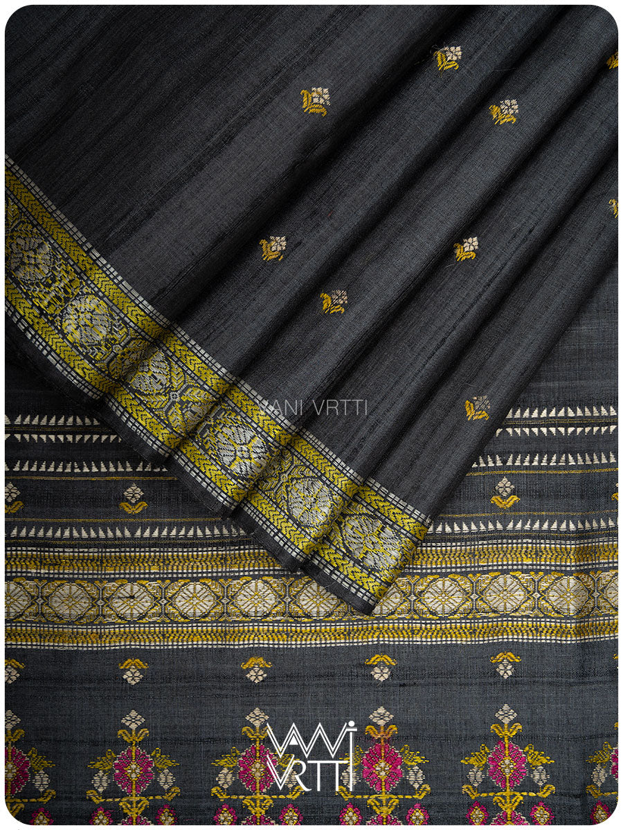 Slate Black Brahma Kamal Master Weave Exclusive Handspun Tussar Silk Saree
