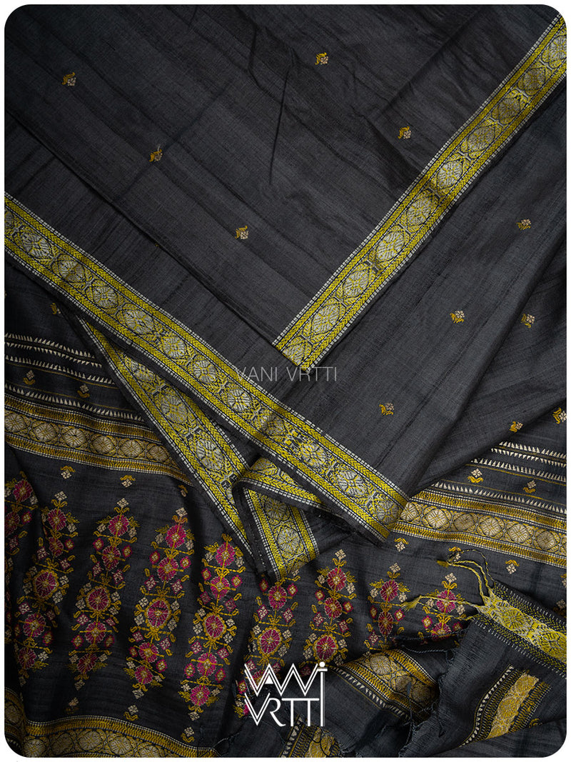 Slate Black Brahma Kamal Master Weave Exclusive Handspun Tussar Silk Saree