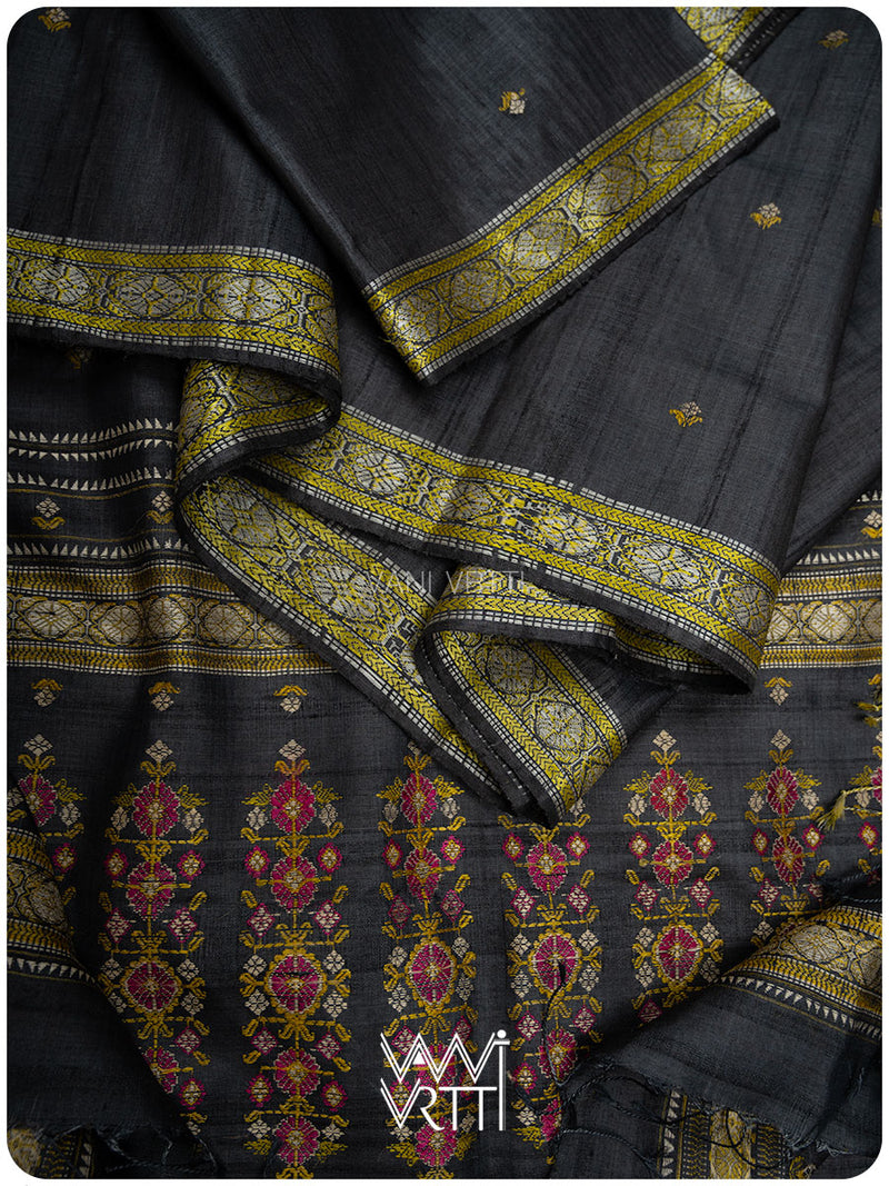 Slate Black Brahma Kamal Master Weave Exclusive Handspun Tussar Silk Saree