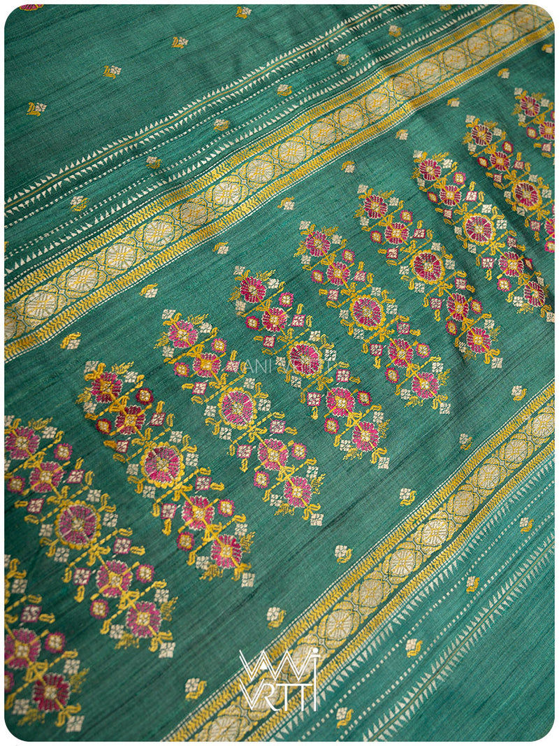 Emerald Green Brahma Kamal Master Weave Exclusive Handspun Tussar Silk Saree