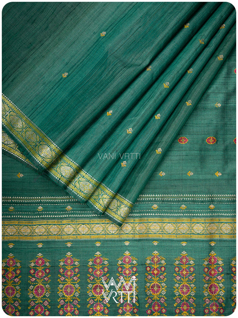Emerald Green Brahma Kamal Master Weave Exclusive Handspun Tussar Silk Saree