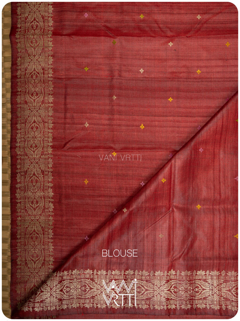 Mahagony Red Lotus Parrot Jaal Designer Exclusive Handspun Handwoven Tussar Silk Saree