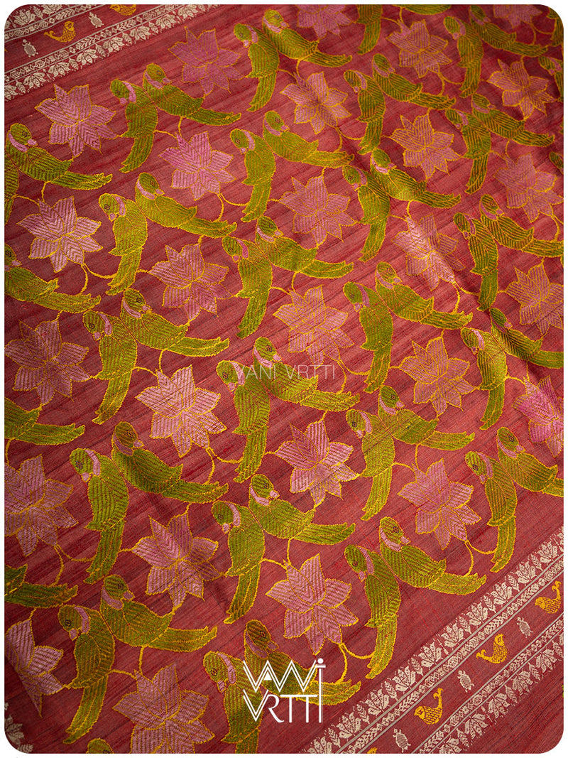 Mahagony Red Lotus Parrot Jaal Designer Exclusive Handspun Handwoven Tussar Silk Saree