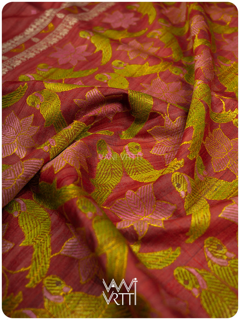 Mahagony Red Lotus Parrot Jaal Designer Exclusive Handspun Handwoven Tussar Silk Saree