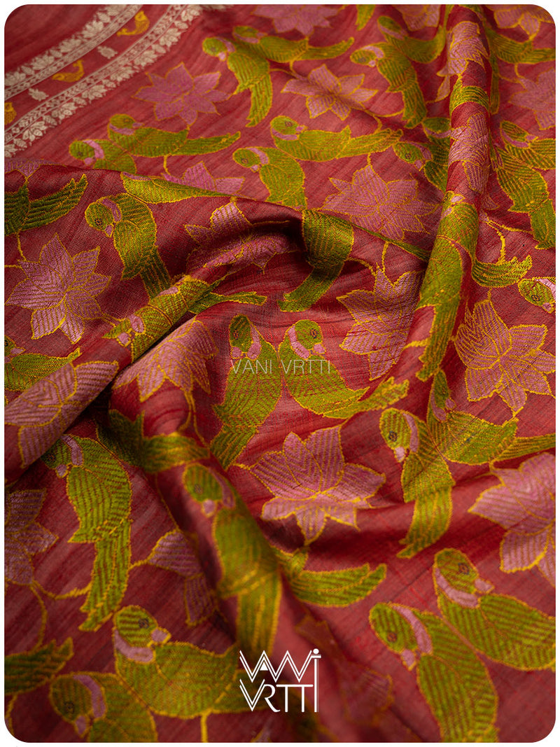 Mahagony Red Lotus Parrot Jaal Designer Exclusive Handspun Handwoven Tussar Silk Saree
