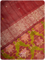 Mahagony Red Lotus Parrot Jaal Designer Exclusive Handspun Handwoven Tussar Silk Saree