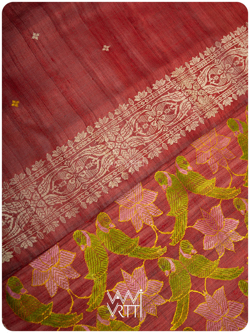 Mahagony Red Lotus Parrot Jaal Designer Exclusive Handspun Handwoven Tussar Silk Saree