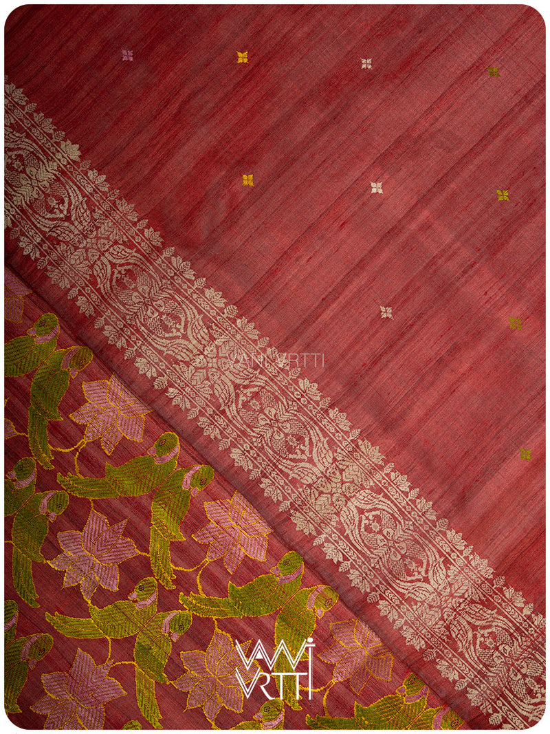 Mahagony Red Lotus Parrot Jaal Designer Exclusive Handspun Handwoven Tussar Silk Saree