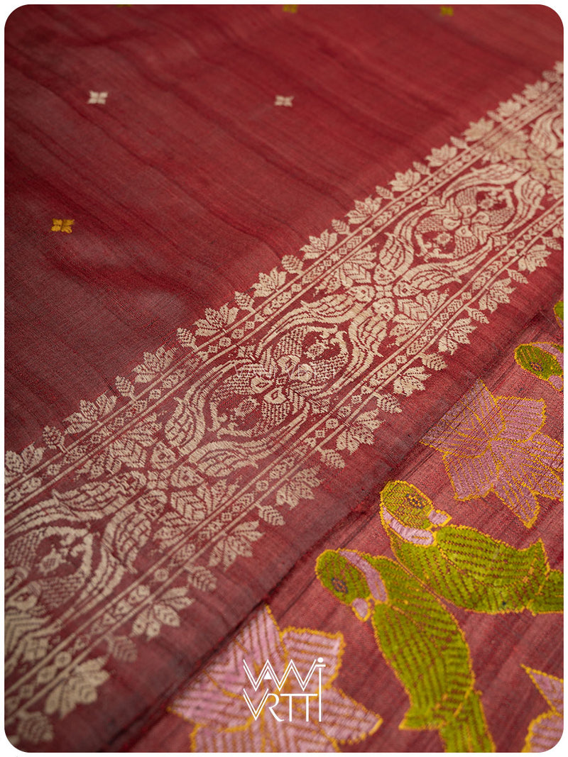 Mahagony Red Lotus Parrot Jaal Designer Exclusive Handspun Handwoven Tussar Silk Saree